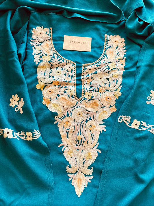 Teal Blue Unstiched Suit with Aari Embroidery