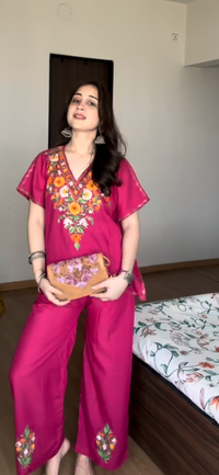 Lailaa Pink Short Kaftan Set with Aari Work Embroidery
