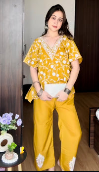 Lailaa Mustard Short Kaftan Set with Jaal Aari Work Embroidery