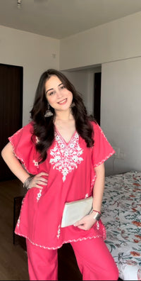 Lailaa Pink Short Kaftan Set with White Aari Work Embroidery