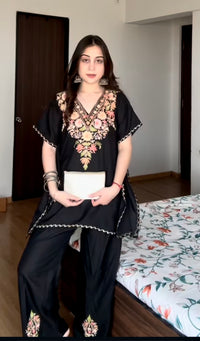 Lailaa Black Short Kaftan Set with Aari Work Embroidery