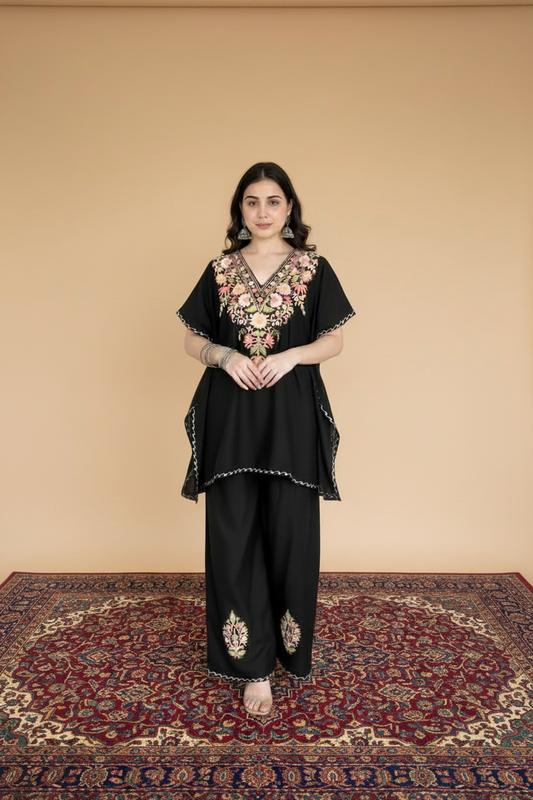Lailaa Black Short Kaftan Set with Aari Work Embroidery