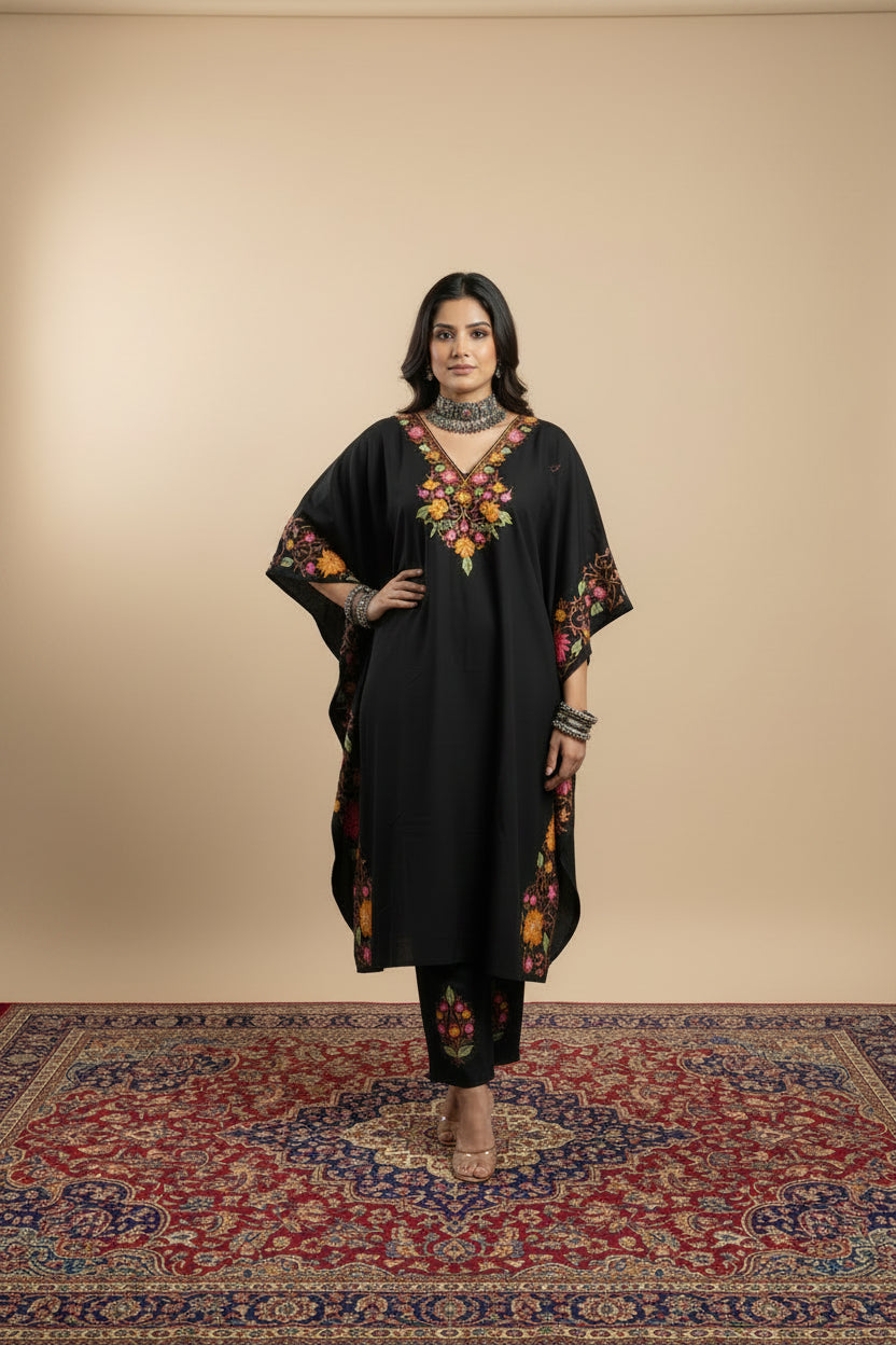 Heer Black Long Aari Work Kaftan Set