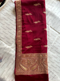 Mahren Royal Maroon Crepe Saree With Kashmiri Tilla Embroidery