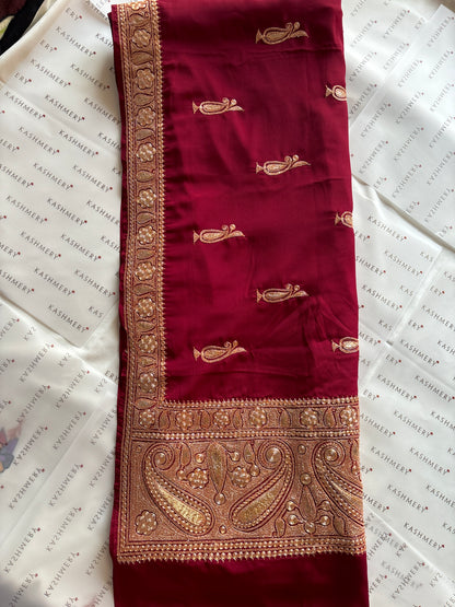 Mahren Royal Maroon Crepe Saree With Kashmiri Tilla Embroidery