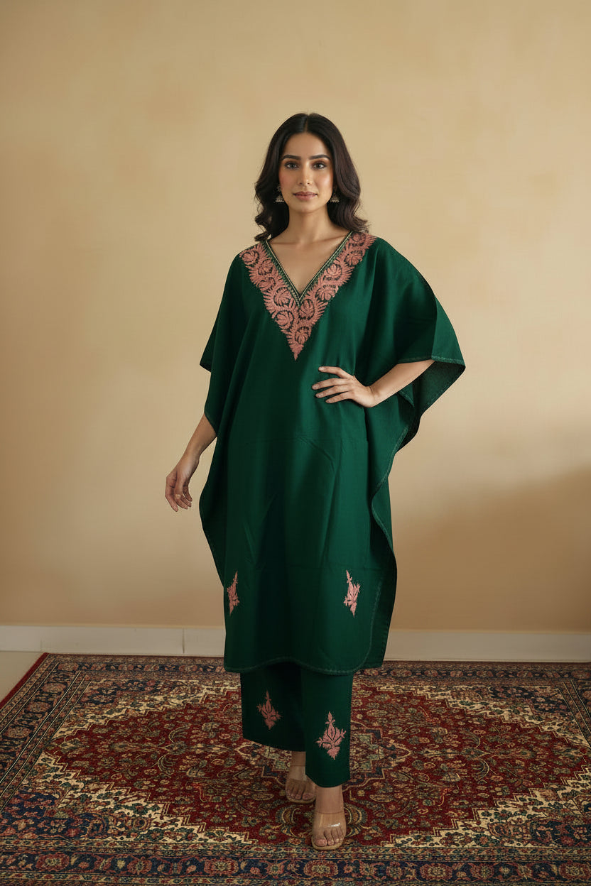 Lailaa Green Long Zari Work Kaftan Set