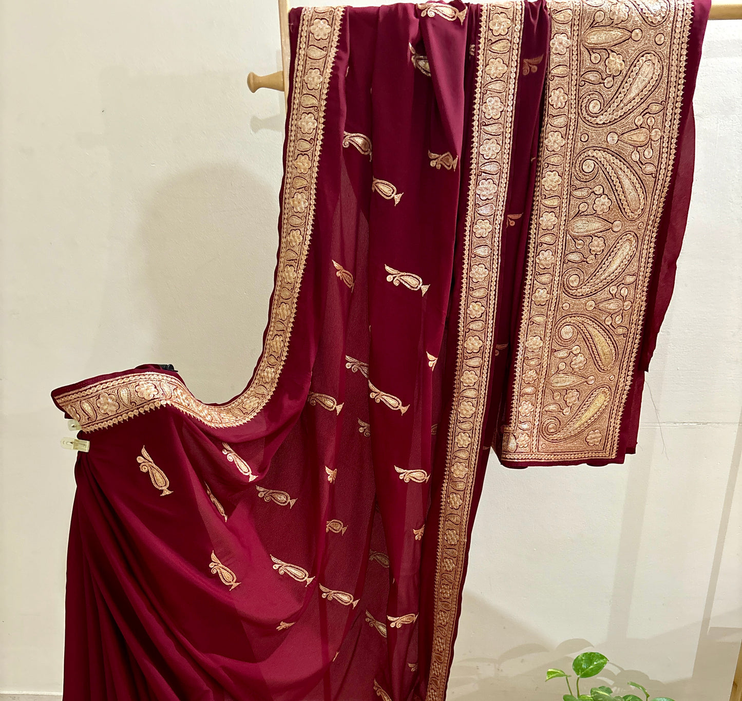 Mahren Royal Maroon Crepe Saree With Kashmiri Tilla Embroidery