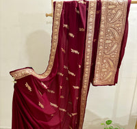 Mahren Royal Maroon Crepe Saree With Kashmiri Tilla Embroidery