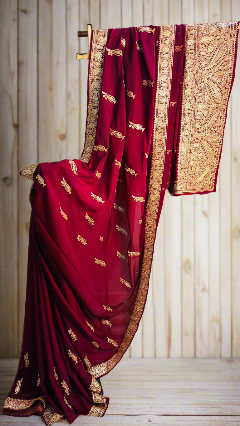 Mahren Royal Maroon Crepe Saree With Kashmiri Tilla Embroidery