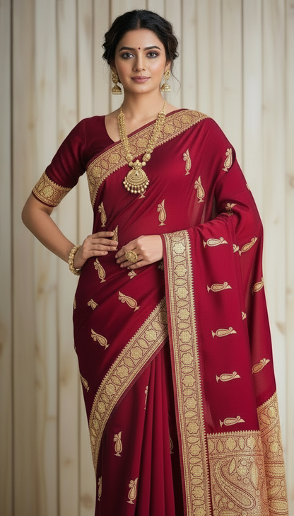 Mahren Redish Maroon Crepe Saree With Kashmiri Tilla Embroidery