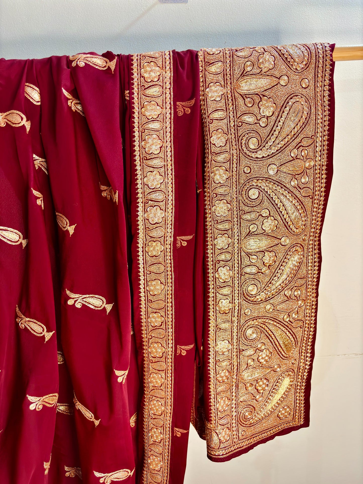 Mahren Royal Maroon Crepe Saree With Kashmiri Tilla Embroidery