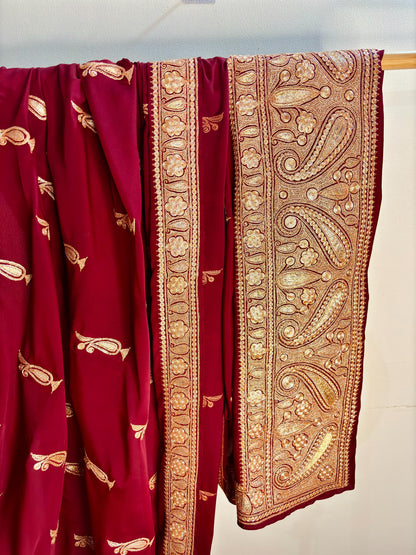 Mahren Royal Maroon Crepe Saree With Kashmiri Tilla Embroidery