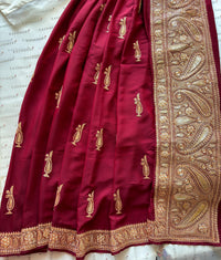 Mahren Royal Maroon Crepe Saree With Kashmiri Tilla Embroidery