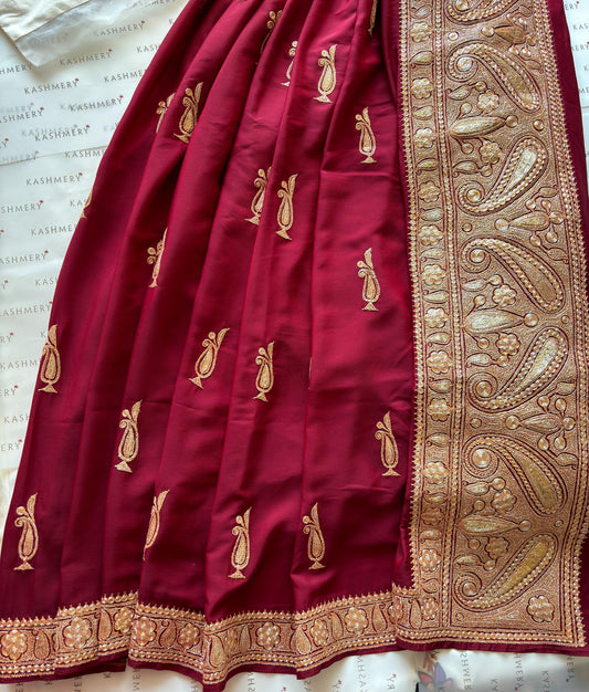 Mahren Royal Maroon Crepe Saree With Kashmiri Tilla Embroidery