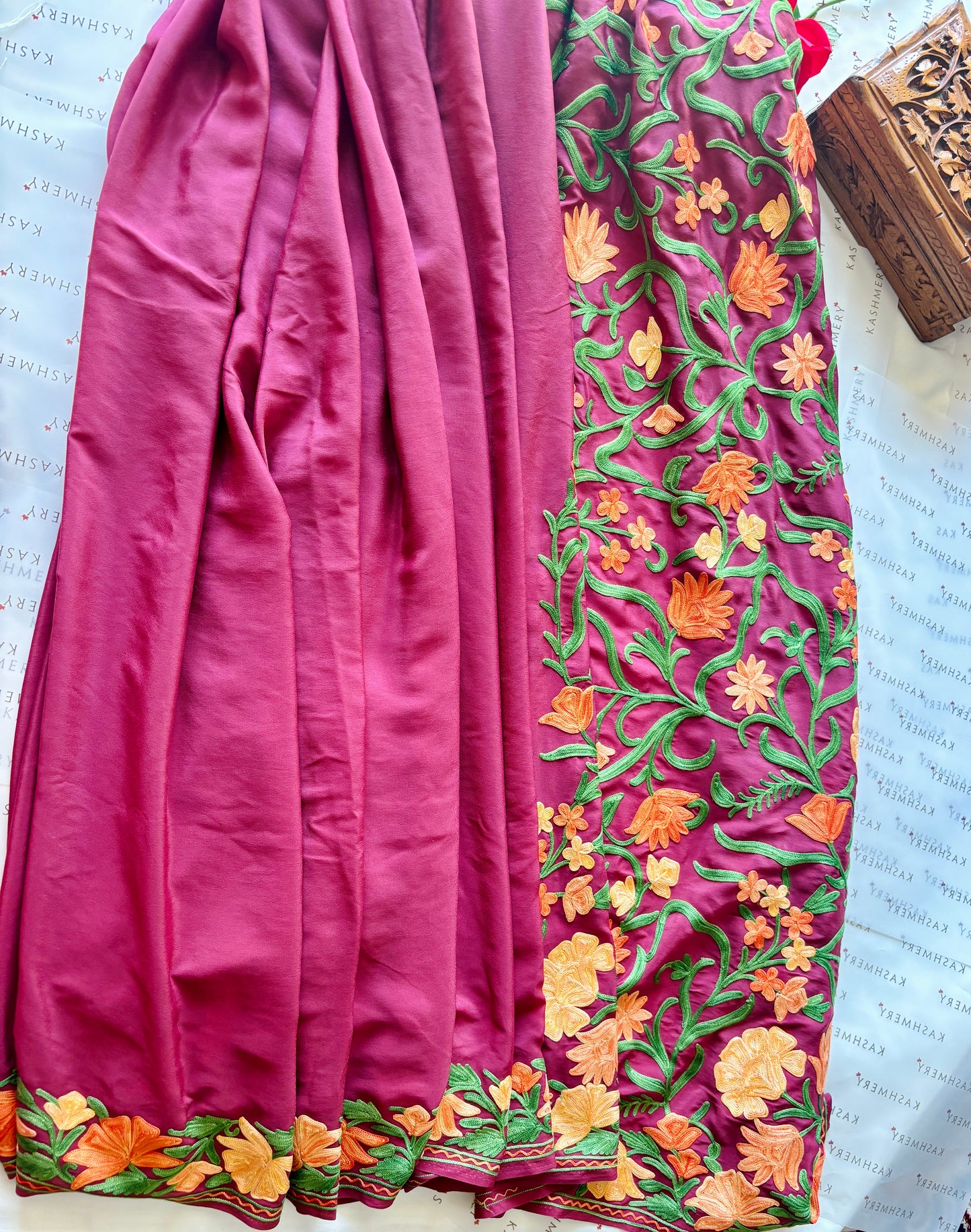 Posh Wine Crepe Saree with Kashmiri Aari Embroidery