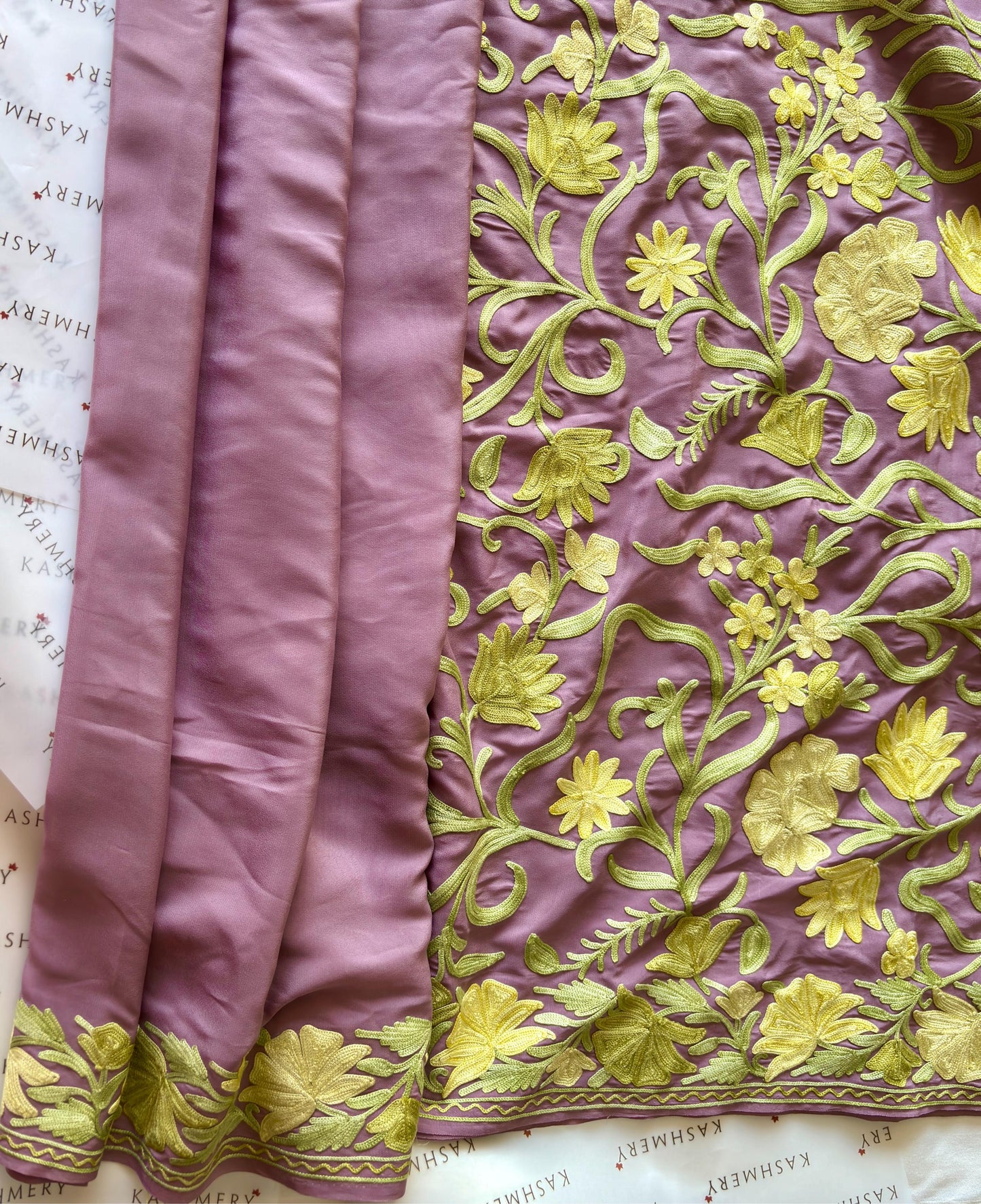 Posh Lavender Crepe Saree with Kashmiri Aari Embroidery