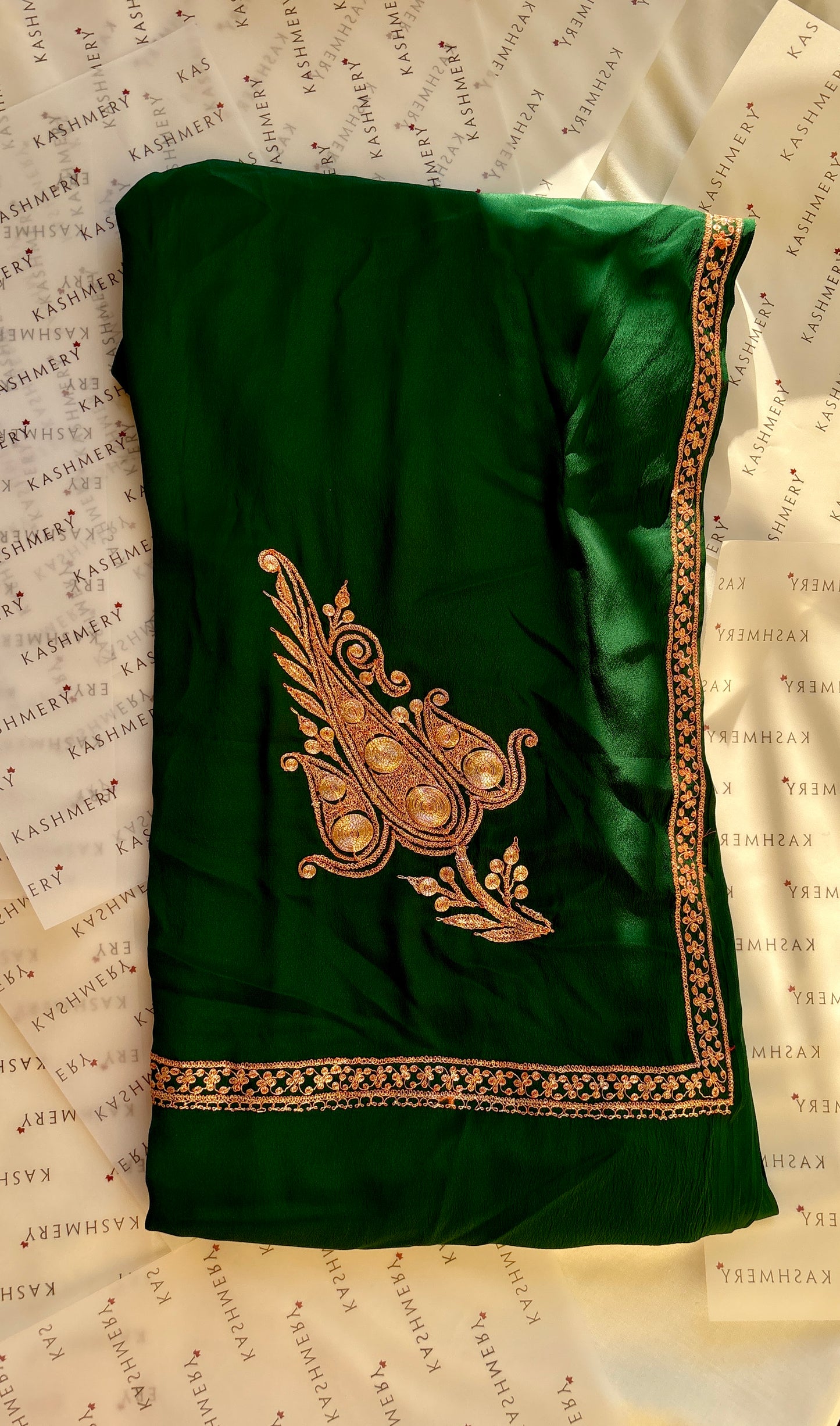 Omang Green Crepe Saree with Kashmiri Tilla Embroidery