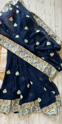 Lailaa Dark Blue Aari Work Saree
