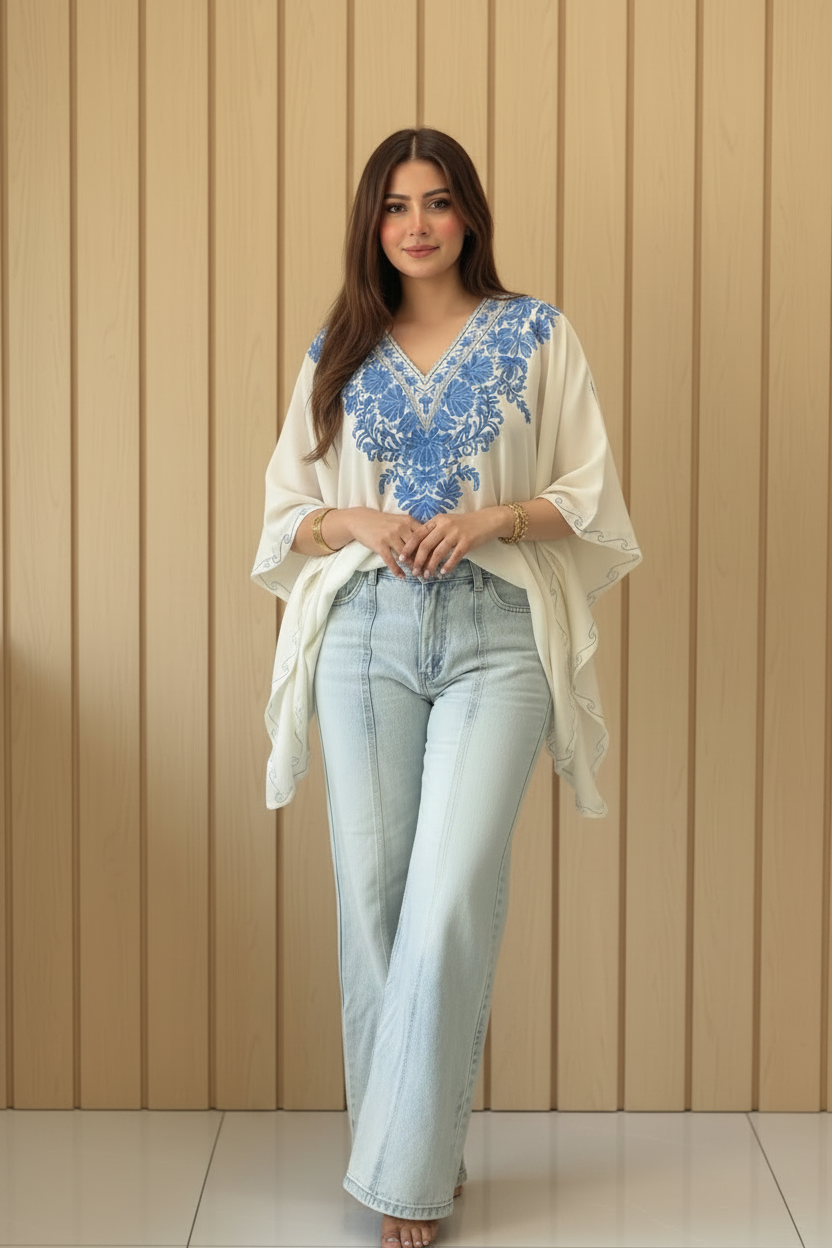 Lailaa White Mini Kaftan Top with Blue Aari Embroidery