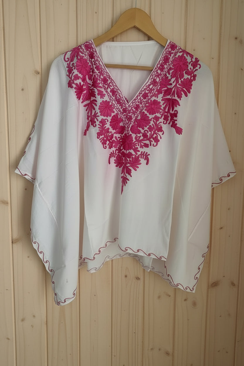 Lailaa White Mini Kaftan Top with Pink Aari Embroidery