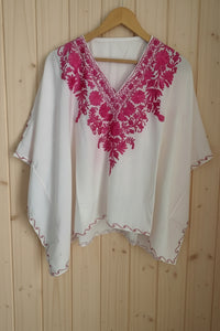 Lailaa White Mini Kaftan Top with Pink Aari Embroidery