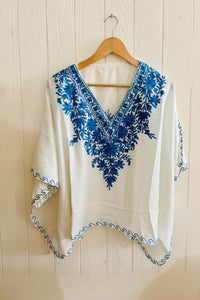 Lailaa White Mini Kaftan Top with Blue Aari Embroidery
