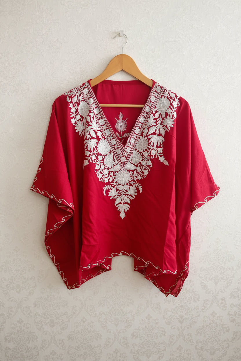 Lailaa Red Mini Kaftan Top with White Embroidery