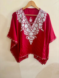 Lailaa Red Mini Kaftan Top with White Embroidery