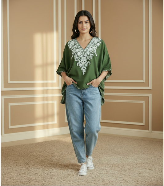 Lailaa Green Mini Kaftan Top with White Aari Embroidery