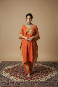 Heer Rust Orange Long Aari Work Kaftan Set