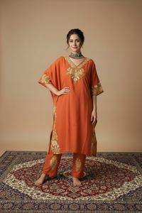 Heer Rust Orange Long Aari Work Kaftan Set