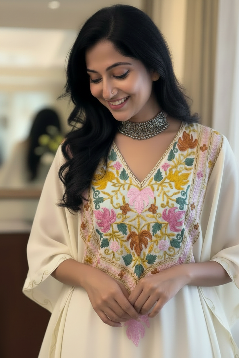 Heer White Long Aari Work Kaftan Set