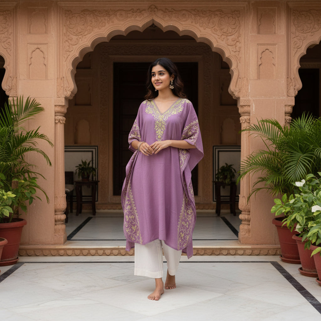 Heer Lavender Side jaal Aari Work Kaftan