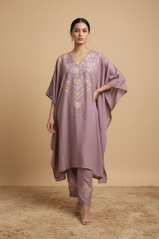 Heer Pastel Pink Long Aari Work Kaftan Set