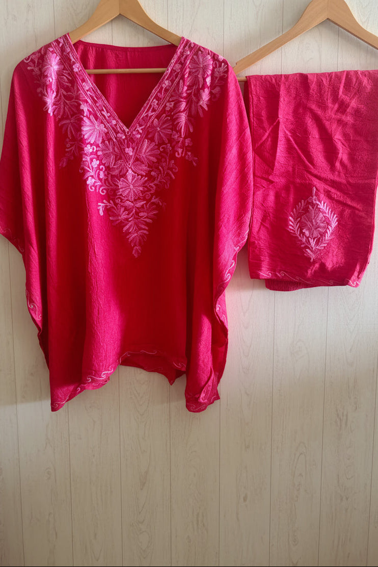 Heer Pink Color Aari Work Short  Kaftan Set