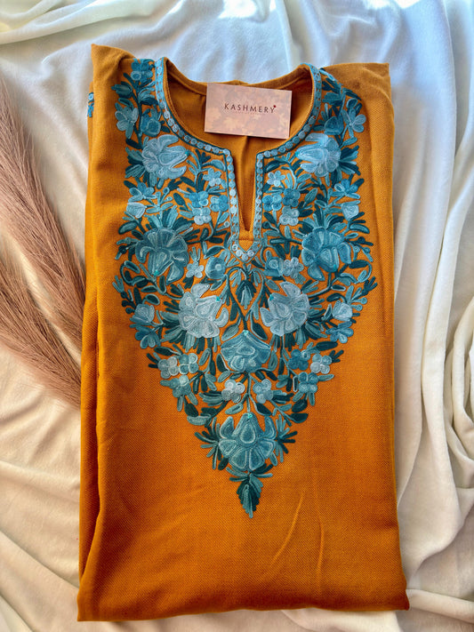 Chinar Mustard with Blue Embroidery Aari Work Pheran