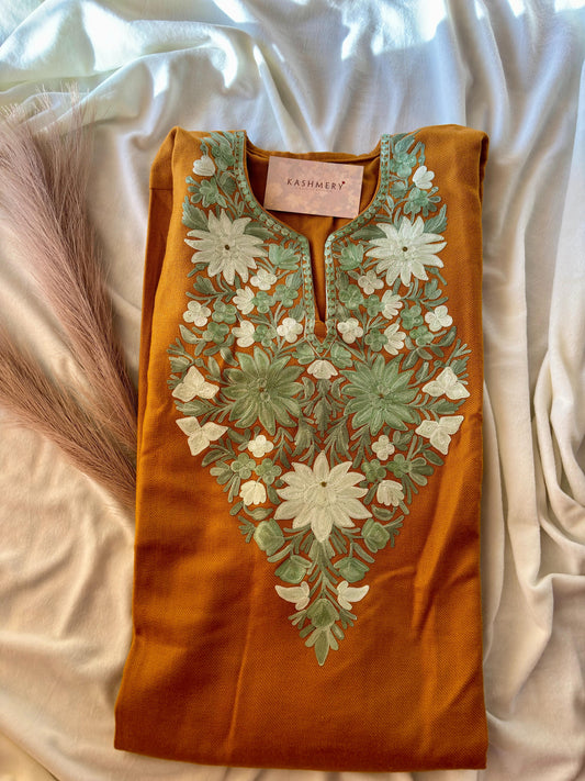 Chinar Mustard with Green Embroidery  Aari Work Pheran