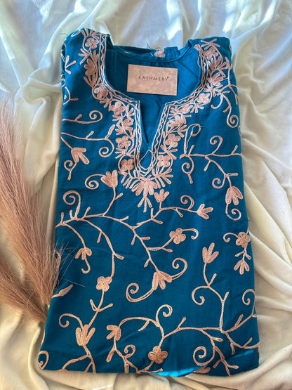 Gulaab Jaali Teal Aari Embroidery Work Phiran