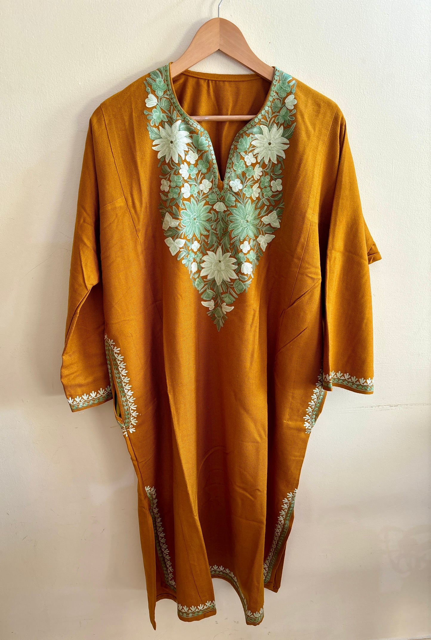 Chinar Mustard with Green Embroidery  Aari Work Pheran