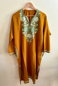 Chinar Mustard with Green Embroidery  Aari Work Pheran