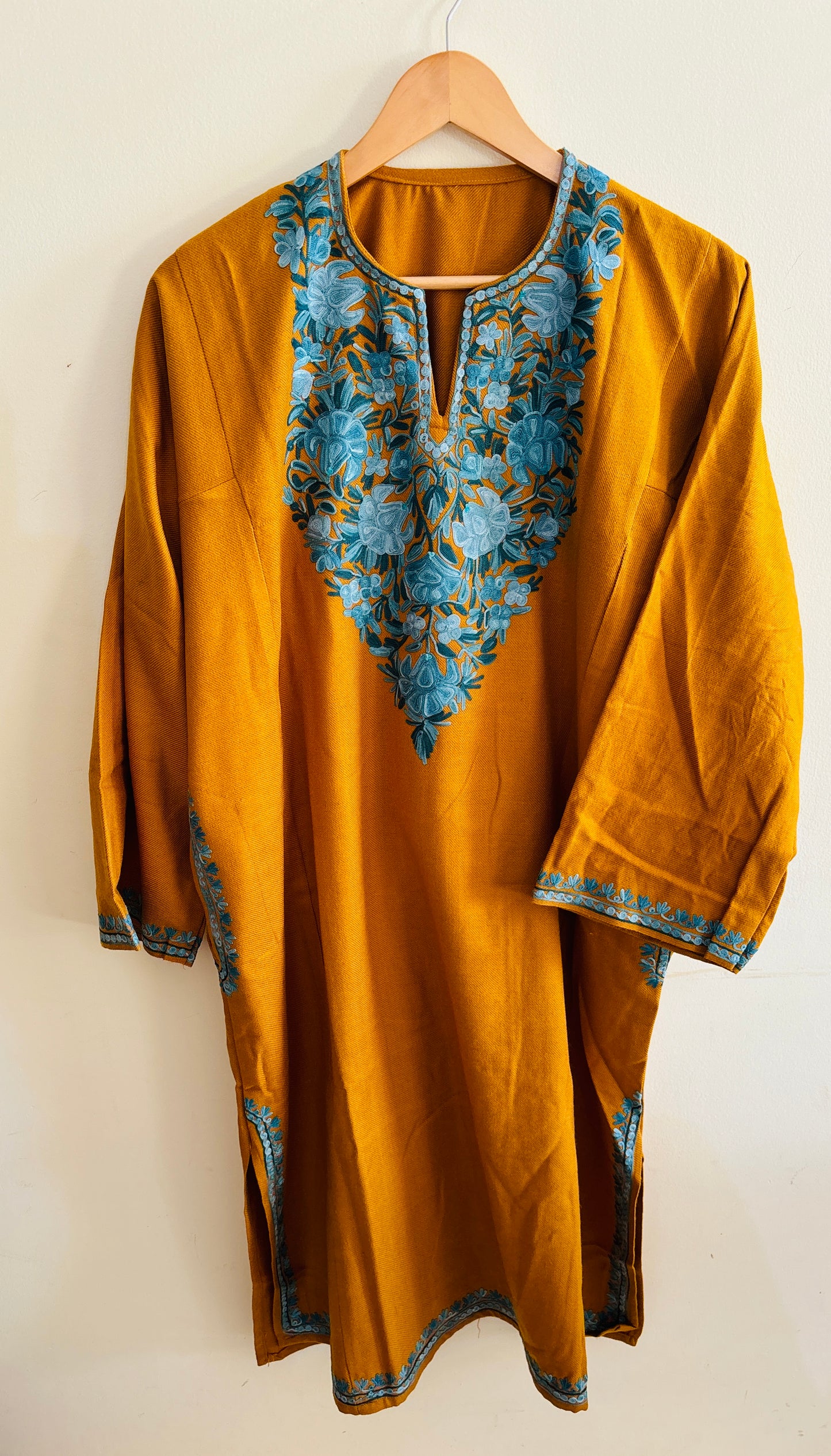 Chinar Mustard with Blue Embroidery Aari Work Pheran