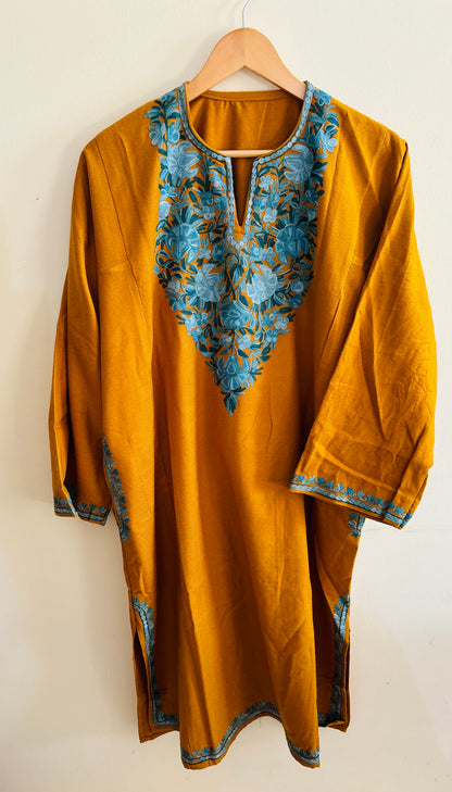 Chinar Mustard with Blue Embroidery Aari Work Pheran