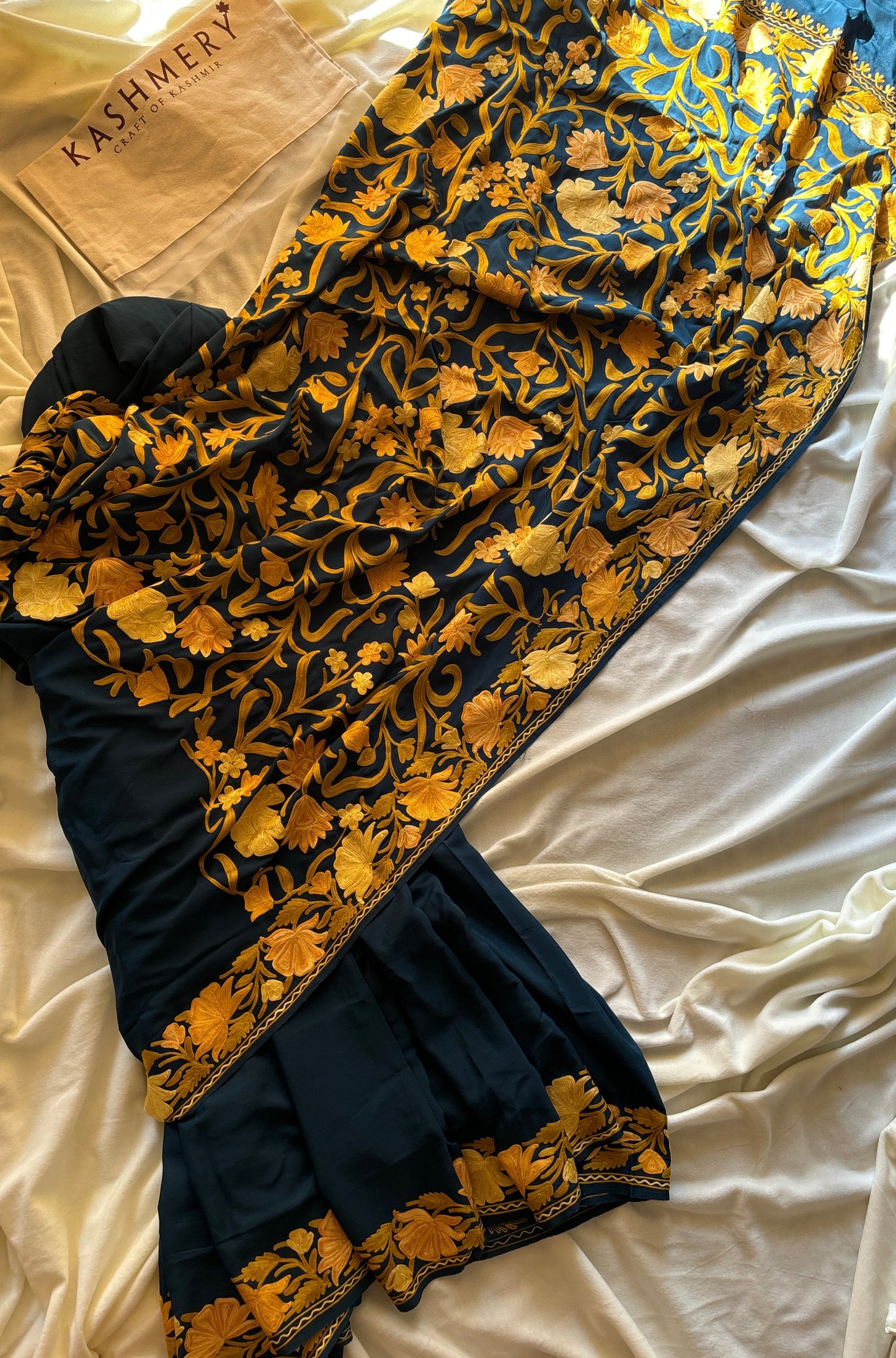 Posh Teal Blue Crepe Georgette Saree with Kashmiri Aari Embroidery