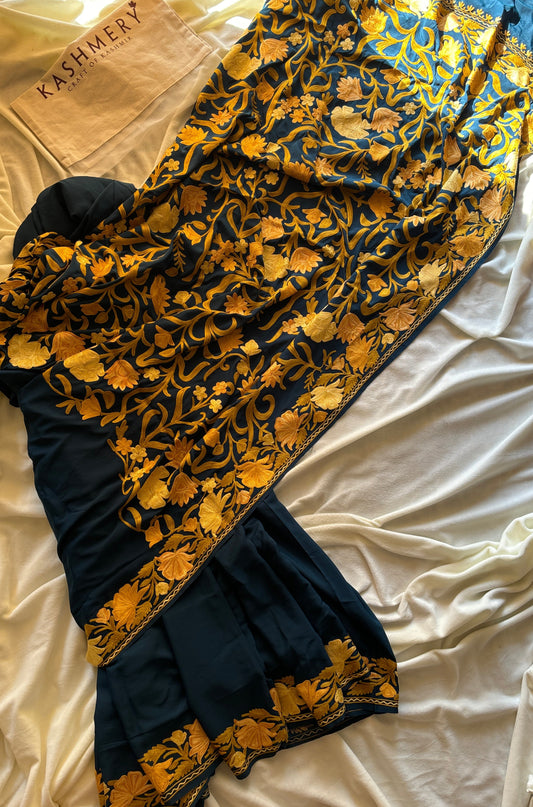 Posh Teal Blue Crepe Georgette Saree with Kashmiri Aari Embroidery