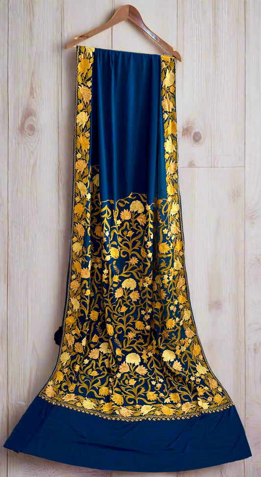 Posh Teal Blue Crepe Georgette Saree with Kashmiri Aari Embroidery