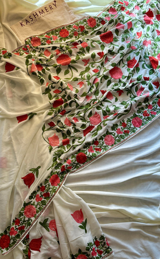 Posh Pearl White Crepe Georgette Saree with Kashmiri Aari Embroidery