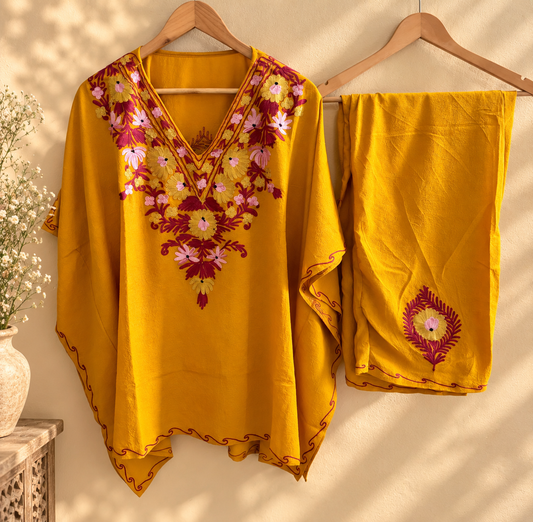 Lailaa mustard  Short Kaftan Set with Multi Aari Work Embroidery