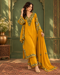 Pamposh Mustard Crepe suit-Set with Dupatta