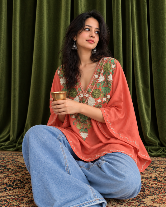 Posh Peach Mini Kaftan Top with Multi Aari Embroidery