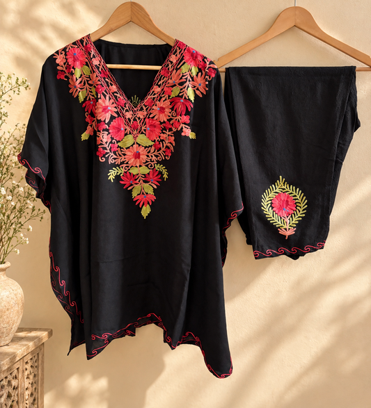 Lailaa Black  Kaftan Set with Multi Color Aari Embroidery